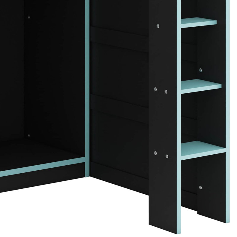 Full Size Wood Loft Bed With Desk,Open Wardrobe,Storage Compartments And RGB Lights, Cloud Blue