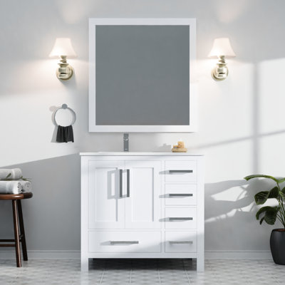 36 po Largeur du meuble-lavabo blanc pour la salle de bain avec 22 po de profondeur, plateau en marbre de culture décalé à gauche, 34 miroirs, tiroirs à fermeture en douceur, armoire de rangement intérieure et étagère, comptoir avec baignoire D, marbre, large