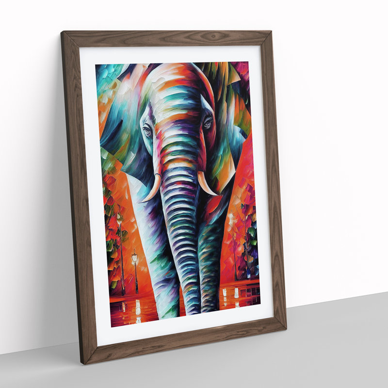 Colourful Elephant No.2 - Wall Art, 48cm H x 36cm W, Walnut Framed, White
