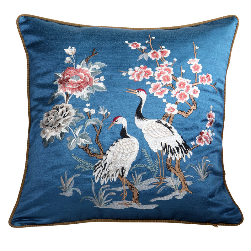 Embroidered Satin Reversible Pillow Cover, 18" x 18", Blue