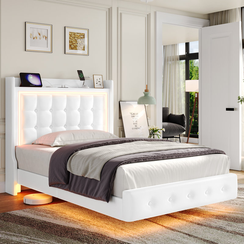 Lit plateforme tapissier avec lumières DEL, port de charge, lit flottant, Simple, White
