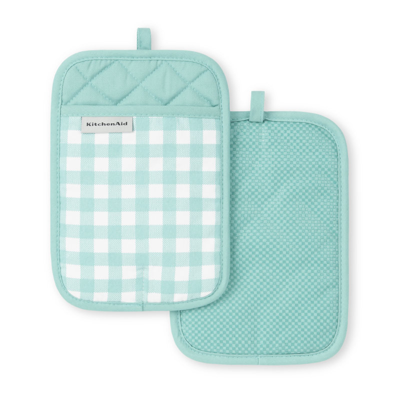 KitchenAid Gingham Pot Holder 2-Pack Set,, 7"x10", Aqua