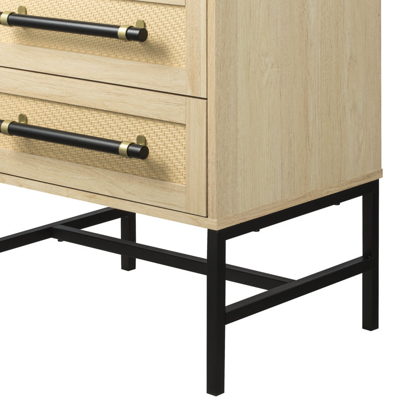 Hopper Studio Sophia 2-Drawer Nightstand in Natural Oak Look with Patterned Panels, Matte Hardware, and Minimalist Black Frame