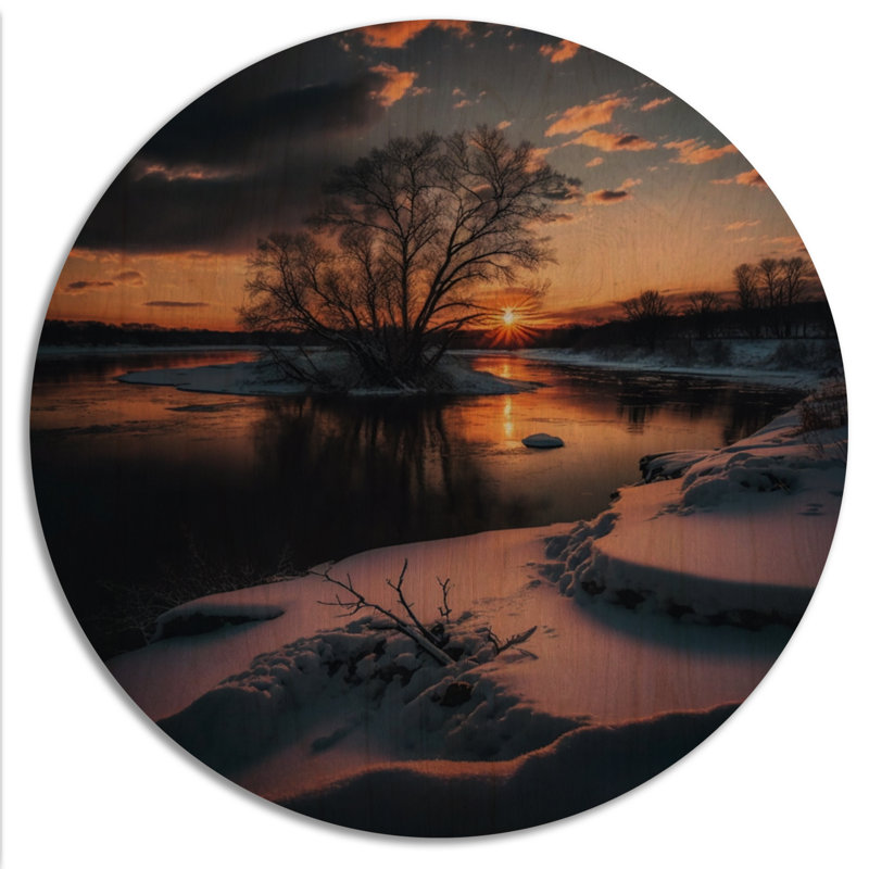 Coucher de soleil sur la rivière Cottage III enneigée - Paysage lac, art mural bois de pin naturel
