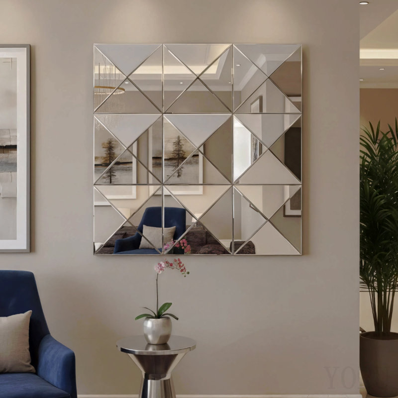 Grand miroir mural carré en verre biseauté 3D