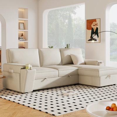 Canapé-lit modulaire beige avec compartiments de rangement et porte-gobelets - 3 modèles de porte-accoudoirs modernes et élégants