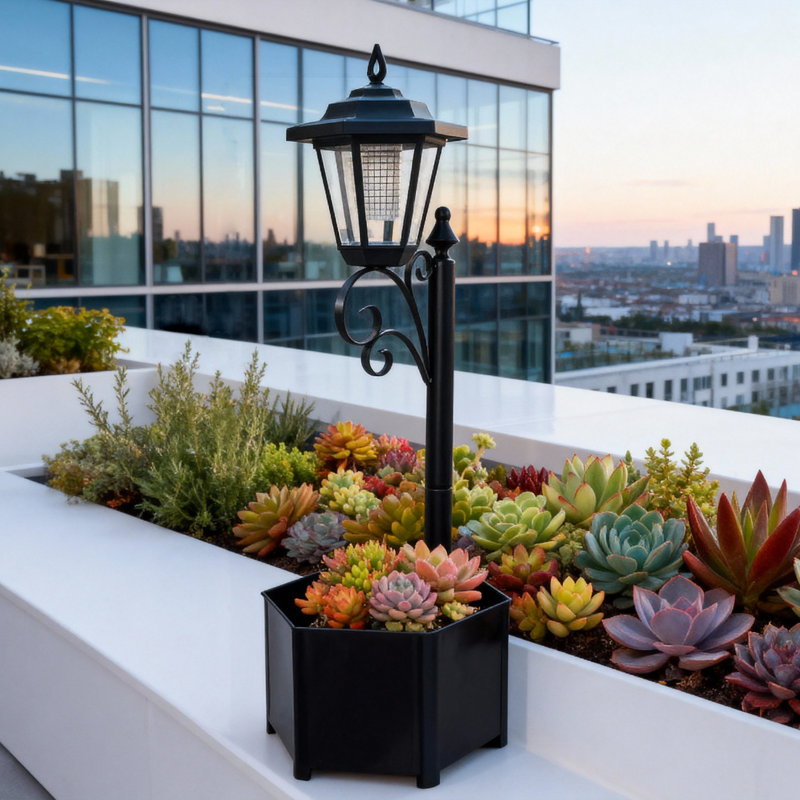 29-inch Black Solar-powered Led Garden Light Post With Planter, Automatic Dusk To Dawn Sensor For Yard, Patio, And Pathway