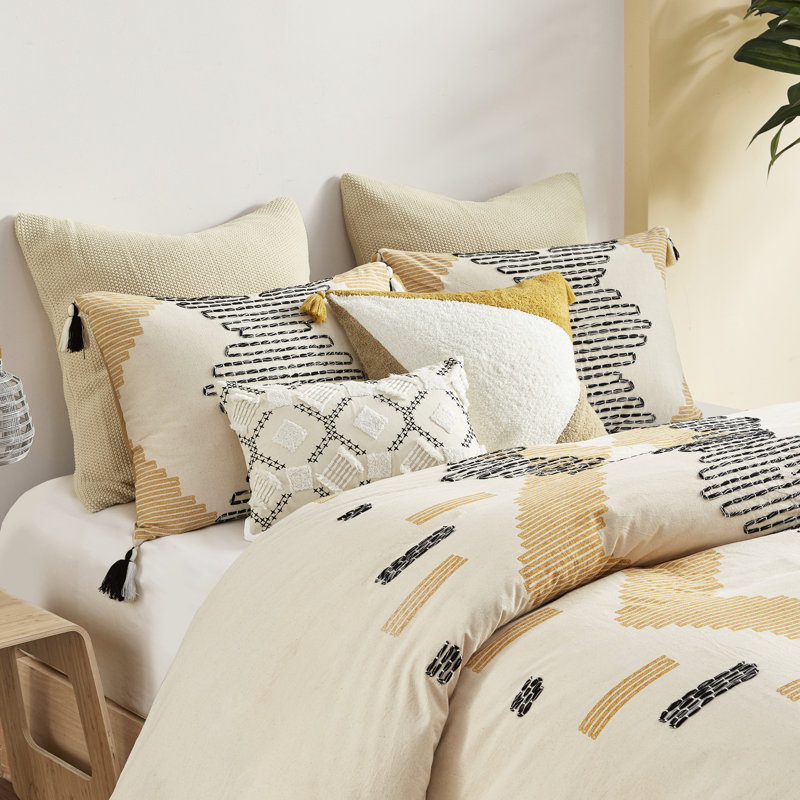 Housse de couette en coton double / grand, imprimé géométrique jaune et gris, broderie torsadée, fermeture à boutons, 4 attaches de coin, motif gris lavable à la machine, décor