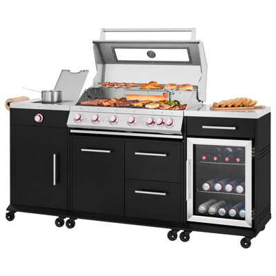Royal Gourmet Outdoor Kitchen Gas Grill with Side Burner and Refrigerator, Black