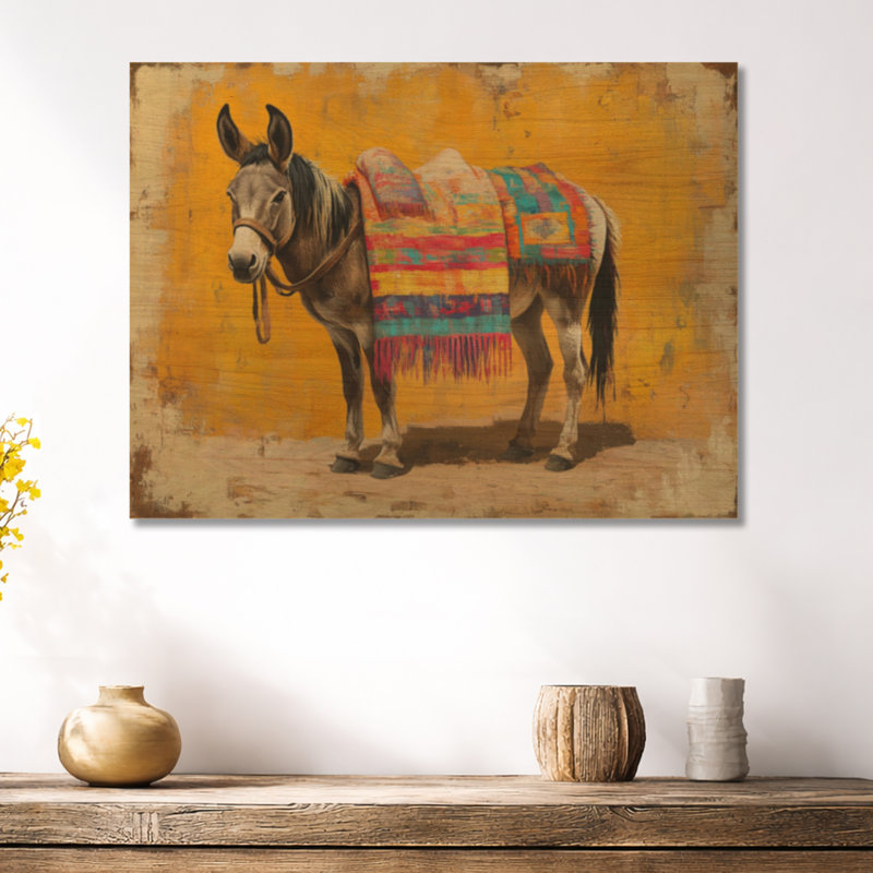 «Burro in a Festival», impression d'art mural en bois Boho, H 18 po x l 24 po