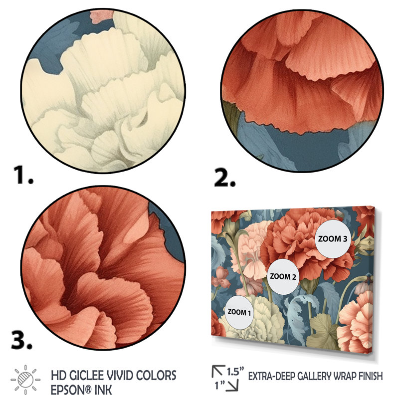 «Coral Blue Carnations Harmony I» sur toile, Cadre simple argenté, H 16 po x l 32 po x P 1 po