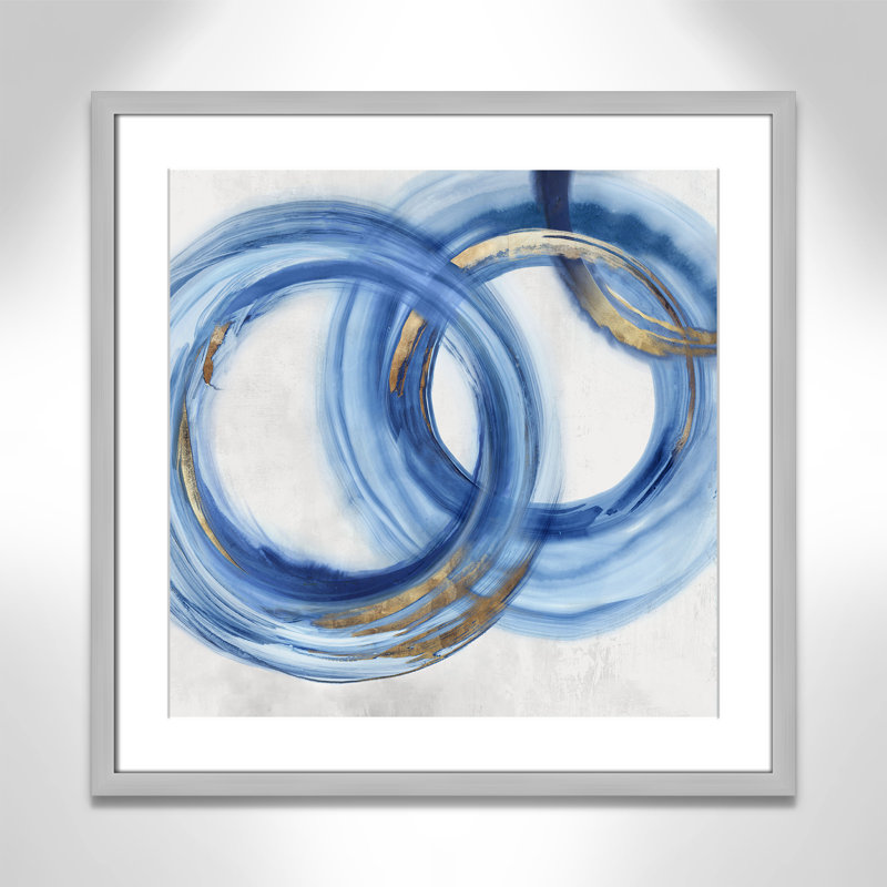 «Blue Cosmic Cascade I» par Emma Peal, H 23,5 po x l 23,5 po x P 1,25 po, Oui, Papier avec cadre simple argenté
