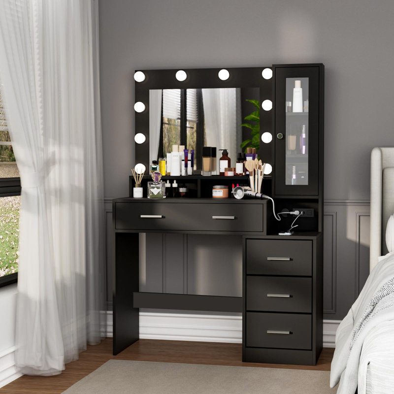 Berkel Dressing Table With Lights, 5 Drawers, Cabinet, Large Mirror, Power Outlet, Black