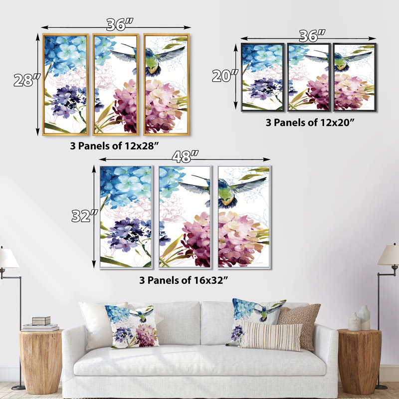 Humming Bird Blue Cottage Flower - ensemble d'art mural sur toile encadré maison de campagne