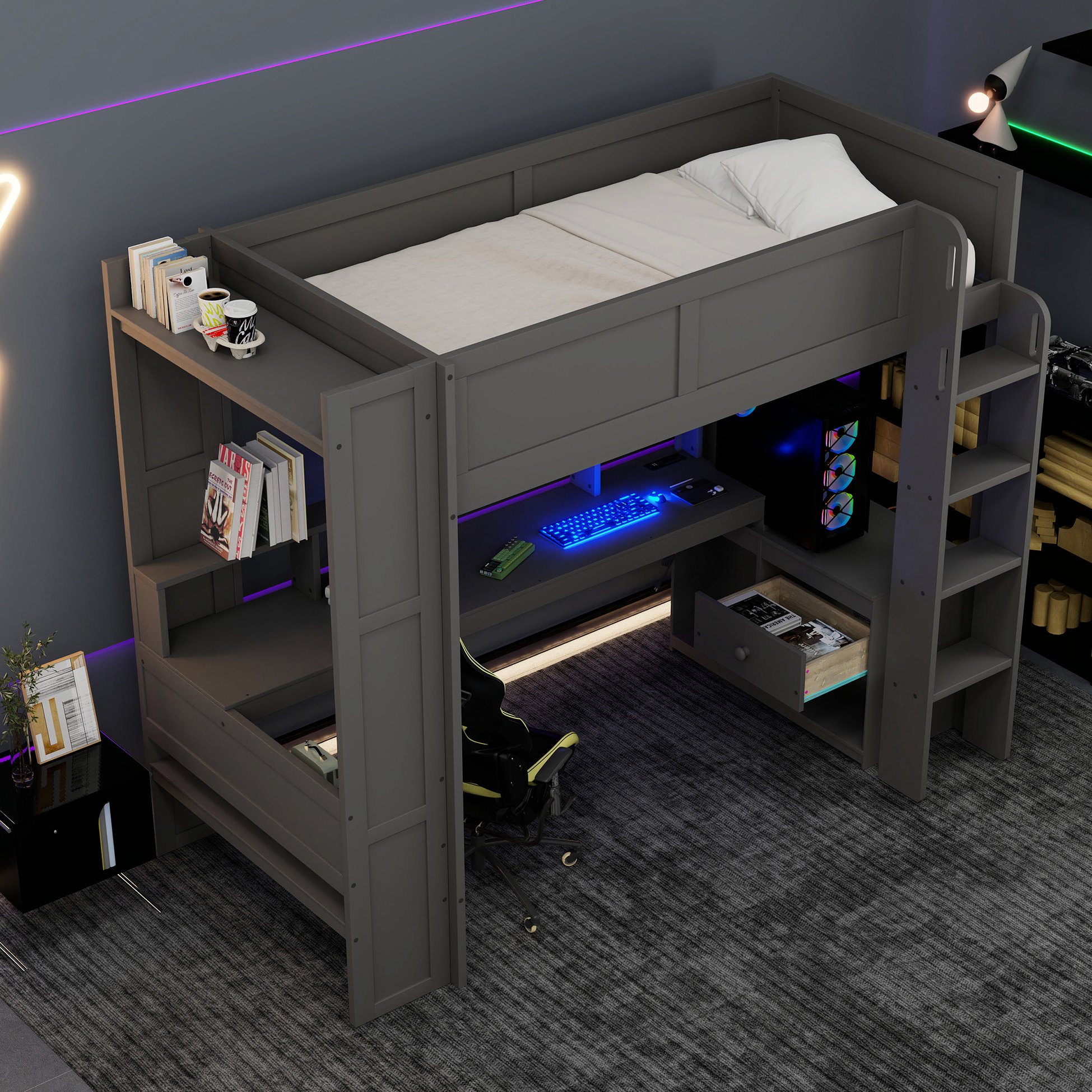 Latitude Run® Dark Grey Wood Twin Loft Bed With Desk, Multi Areas, Led ...