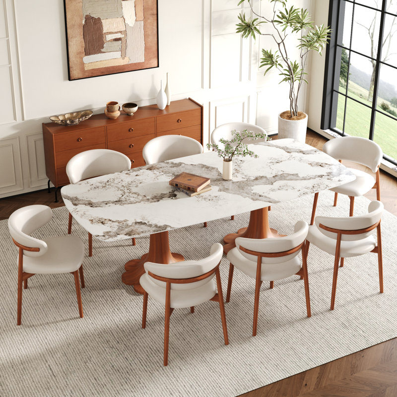 94" Rectangular Sintered Stone Dining Table with Double Solid Wood Pedestal Base, Pandora / Walnut