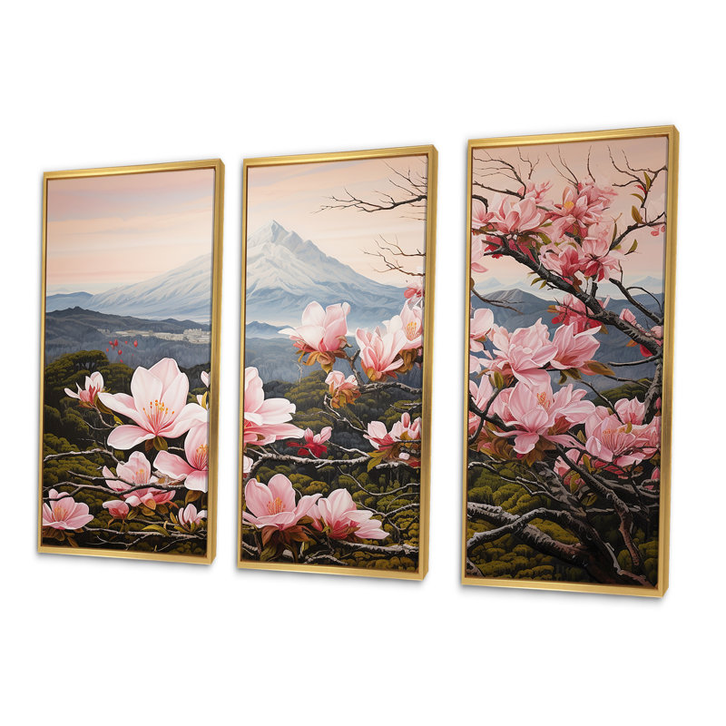 «Magnolias Charm In Mountain Scenery» - Ensemble de décorations murales Magnolias, Cadre flottant doré