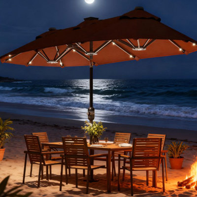 Parasol d'extérieur, parasol de patio extérieur à double face, avec lumières et base solaires, parasol de table de salle à manger à bouton-poussoir inclinable