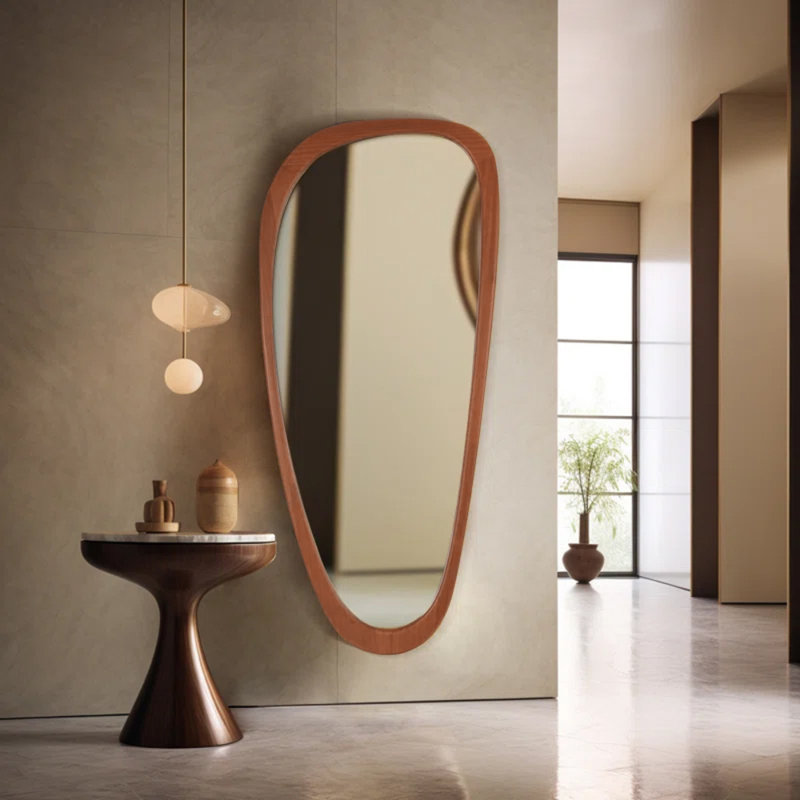 Doruk Irregular Wooden Bathroom/Vanity Mirror, 48" x 22", Walnut