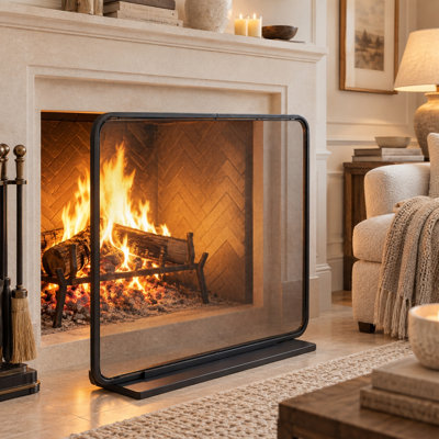 38 in. L x 33 in. H Black 1-Panel Iron Fireplace Screen, Single Panel Metal Fire Spark Guard