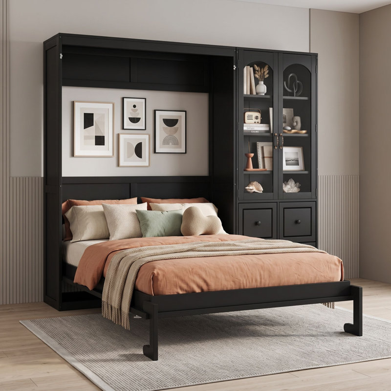 Grand lit escamotable avec armoire de rangement, Noir