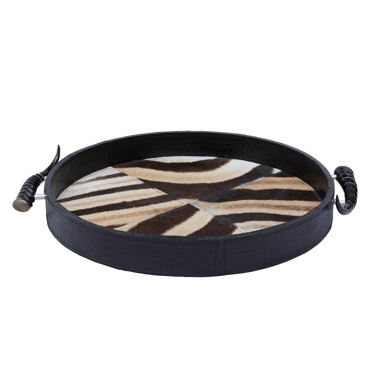 Leather Round Tray with Zebra Inlay - Springbok Horn Handles