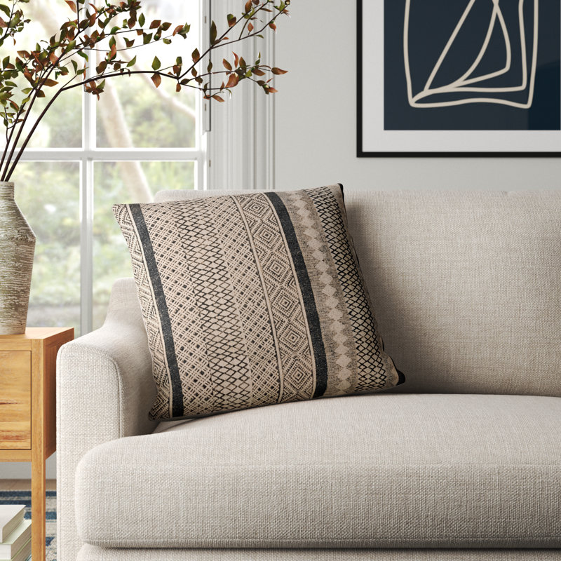 Zetta Geometric Cotton Throw Pillow, Down, Light Beige/Black, 20" x 20"