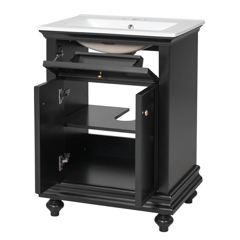 Meuble-lavabo autoportant de 24 po avec lavabo et rangement polyvalent, Noir