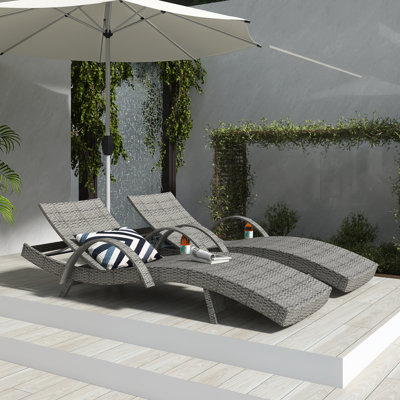 Grey 80 Inch Outdoor Wicker Chaise Lounge Chairs Set Of 2 With 5-Level Adjustable Backrest, Patio Rattan Reclining Chair Pull-Out Side Table