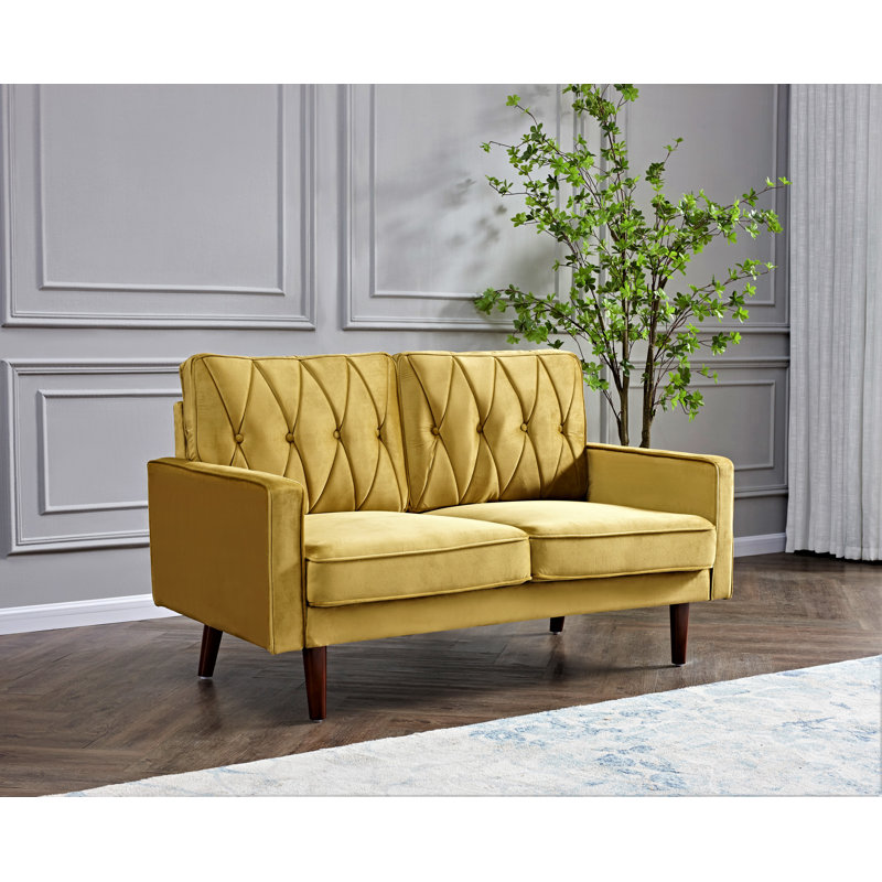 Petit canapé à dossier coussiné en velours, Velours jaune-vert, H 31,5 po x l 57,5 po x P 33,5 po