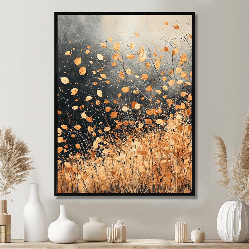 Jamila Windy Prairie Leaves I - Meadow, art mural, Noir, Reproduction avec cadre flottant, H 20 po x l 12 po