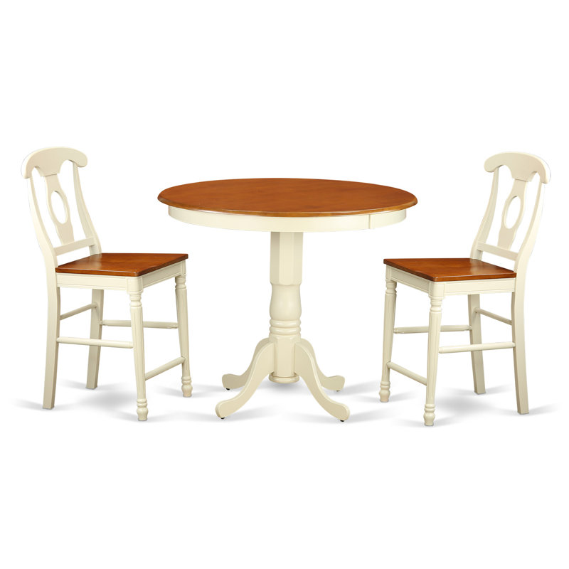 Ensemble de salle à manger 3 pièces à hauteur de comptoir pour petits espaces comprenant une table ronde en bois avec piédestal et 2 chaises de cuisine, babeurre et cerise