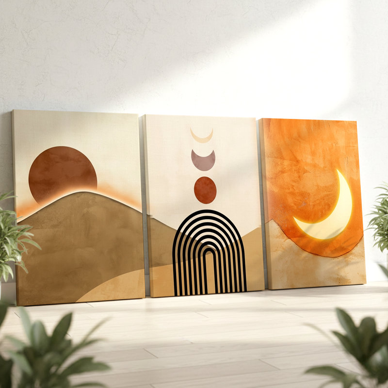 3 pièces d'art mural géométrique abstrait avec coucher de soleil et lune, trois pièces d'art mural pour le salon, la chambre à coucher et le bureau, aspect encadré