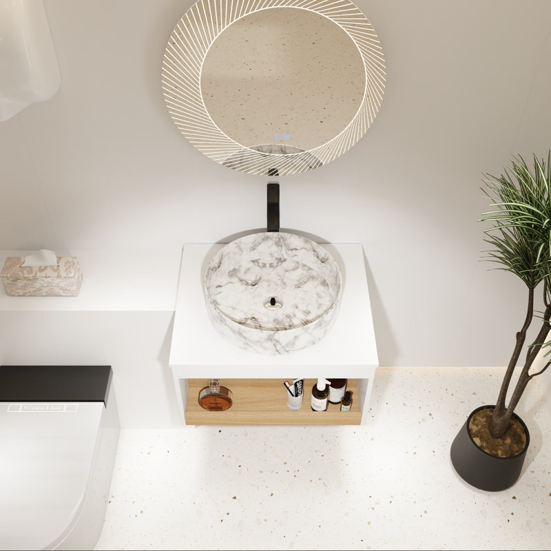 Meuble-lavabo flottant avec vasque ronde à motif marbré et tablette ouverte, 24"