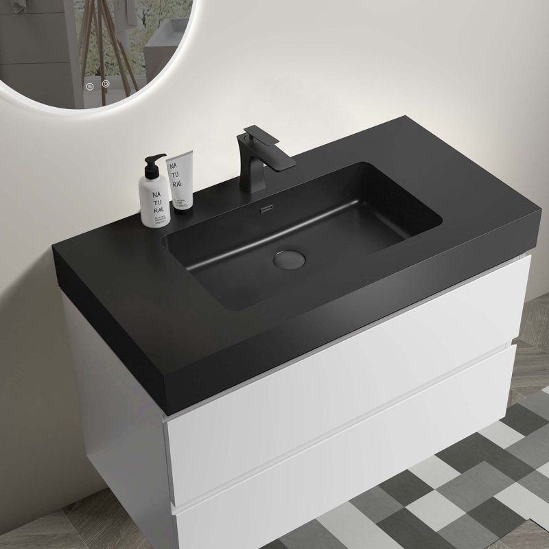 Grand meuble-lavabo de rangement mural moderne avec lavabo sans drain et robinet, Blanc, Noir