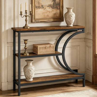 Console, ensemble de 2, table d'entrée industrielle à 3 niveaux avec tablettes de rangement, table de couloir étroite, table d'appoint pour salon, vestibule, vestibule, brun rustique