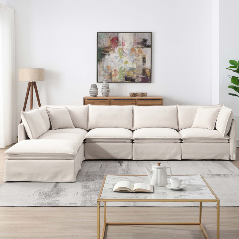 125.5'' Modular Sectional Sofa With Movable Ottoman, Off White