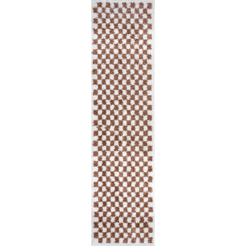 Moodi Modern Shaggy Area Rug Checkered Design, Runner 80 x 300 cm, Off-White/Terra