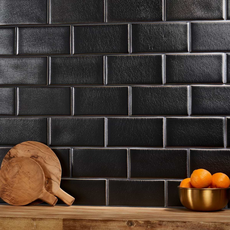 Nabi Subway 3X6 Crackled Glossy Glass Tile, Metallic Gunmetal