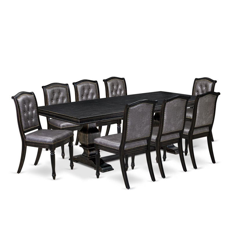 L'ensemble de table de salle à manger moderne 9 pièces se compose d'une table en bois et de 8 chaises de salle à manger en similicuir gris foncé avec dossier capitonné - Finition sable