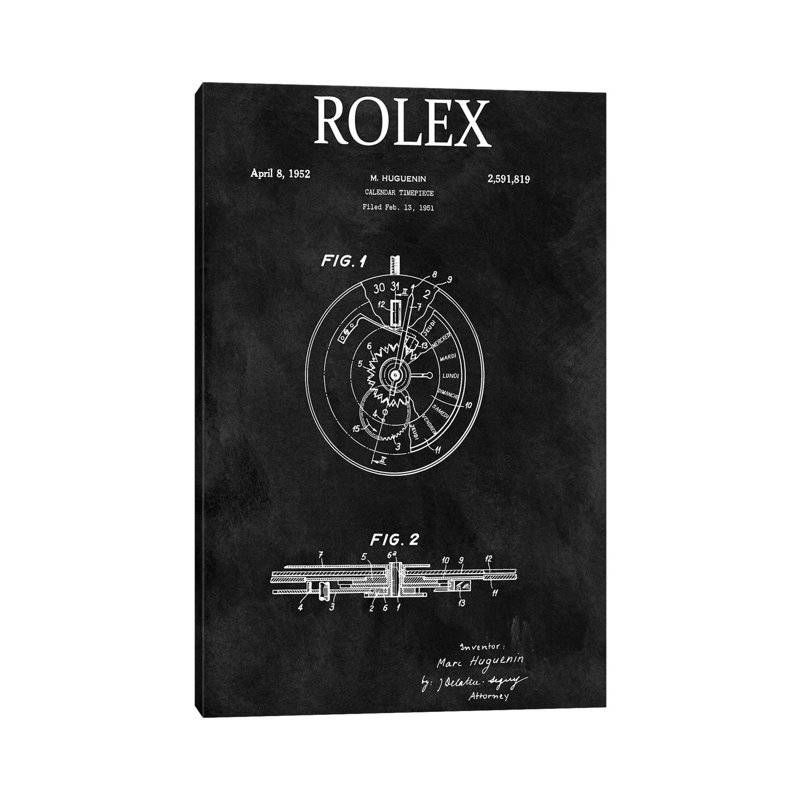 Rolex Calendar Time Piece, 1951- Black by Dan Sproul - Wrapped Canvas Print, 30.48cm H x 30.48cm W