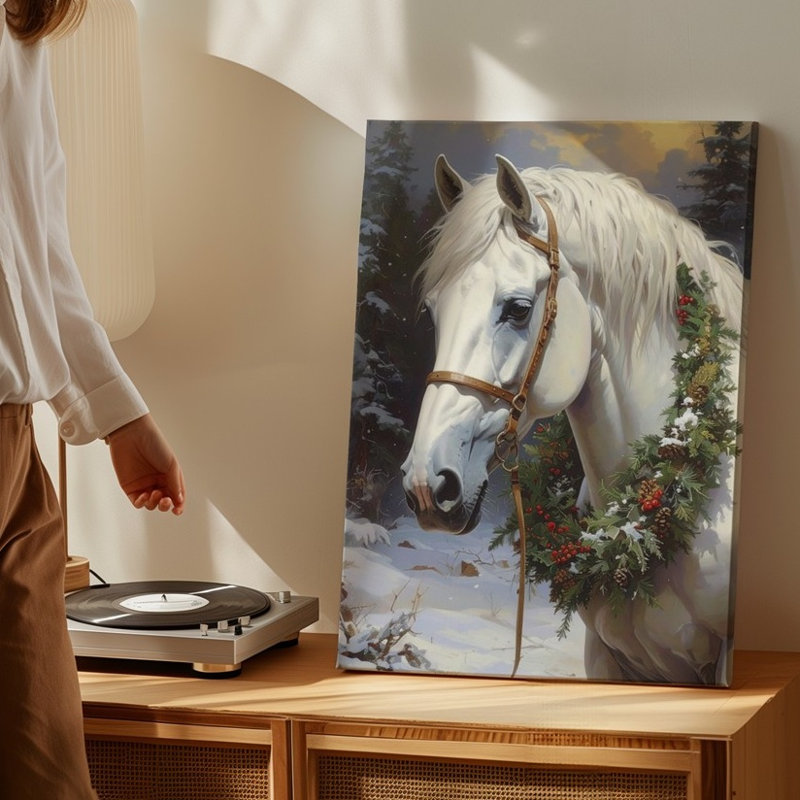 Hiver, couronne de cheval, toile blanche, cheval dans la forêt enneigée, art mural sur toile prêt à accrocher