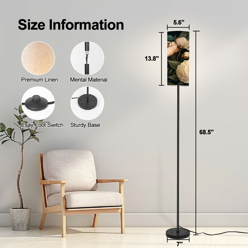  Lampe sur pied 68,5 po à pivoine bioluminescente avec perle florale à intensité variable avec abat-jour en lin DEL incluse