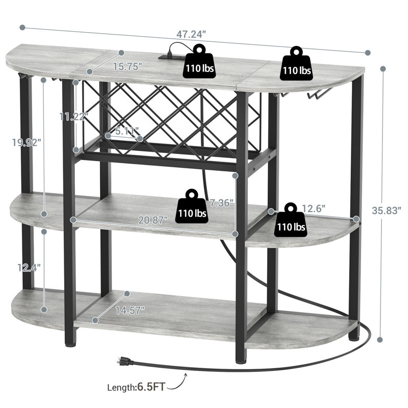 Minjae 47.5" Wine Bottle & Glass Rack, Bar Cabinet with LED Lights, Gray