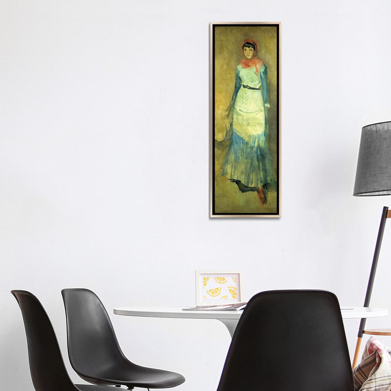 «Harmony in Coral and Blue Miss Finch», reproduction d'art sur toile encadrée, 48 po x 16 po, Toile avec cadre, Champagne