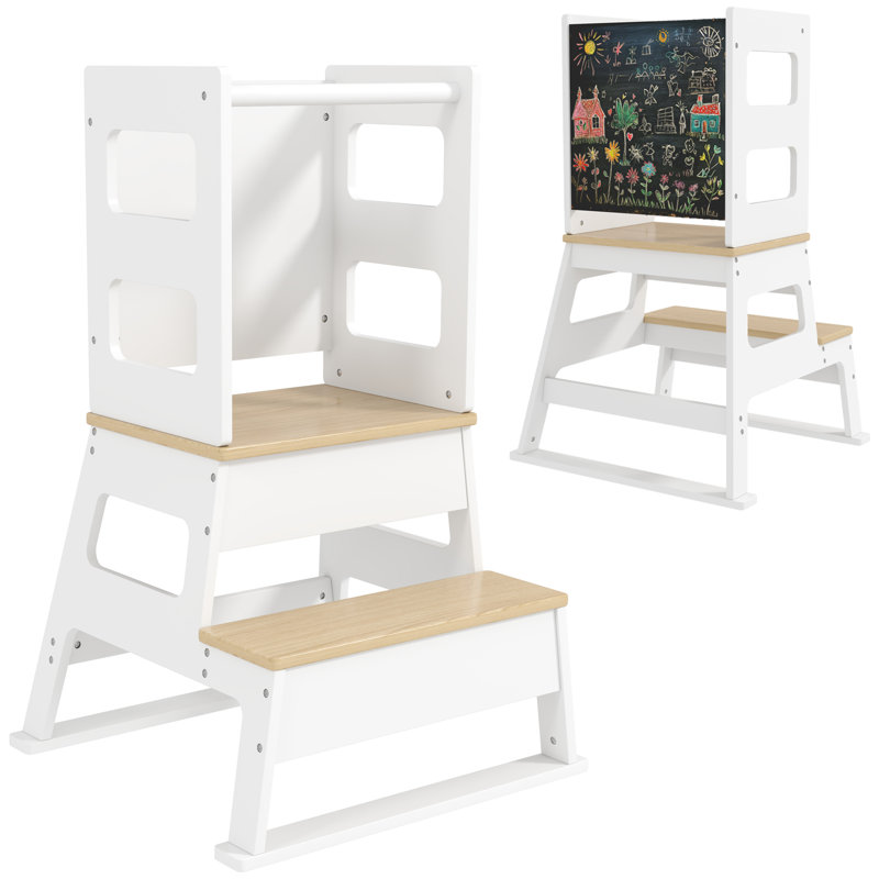 Tour pour tout-petits 2 en 1 avec tableau noir, barrière de sécurité, blanc