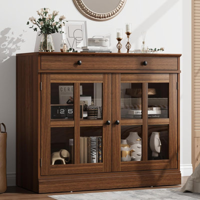 Buffet moderne avec 2 portes en verre et tiroir de rangement - Tablette réglable, rangement pour hall d'entrée polyvalent, console de bar à café pour la salle à manger, la cuisine, le salon - noyer rouge