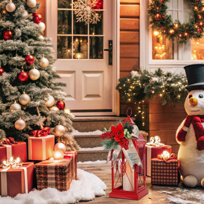 Christmas Decorations 16” Metal Christmas Lantern With LED Candle And Floral Accents For Home Decor Decorative Hanging Candle Holder Indoor Outdoor For Table Centerpieces