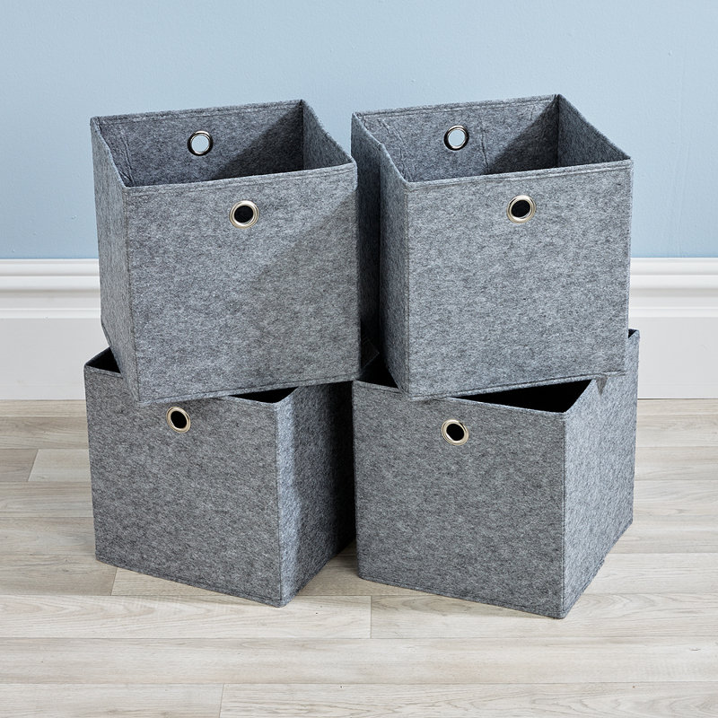 Pack of 4 Fabric Storage Cube Organiser Box, Grey