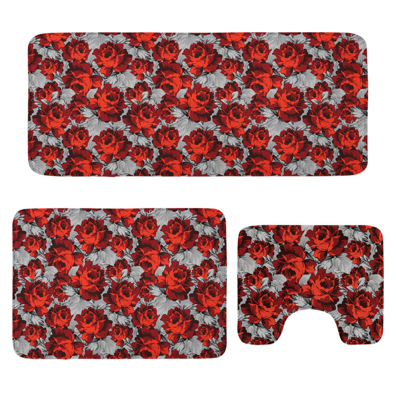  Tapis de salle de bain floral 3 pièces en U et tapis rectangulaires rouge gris noir
